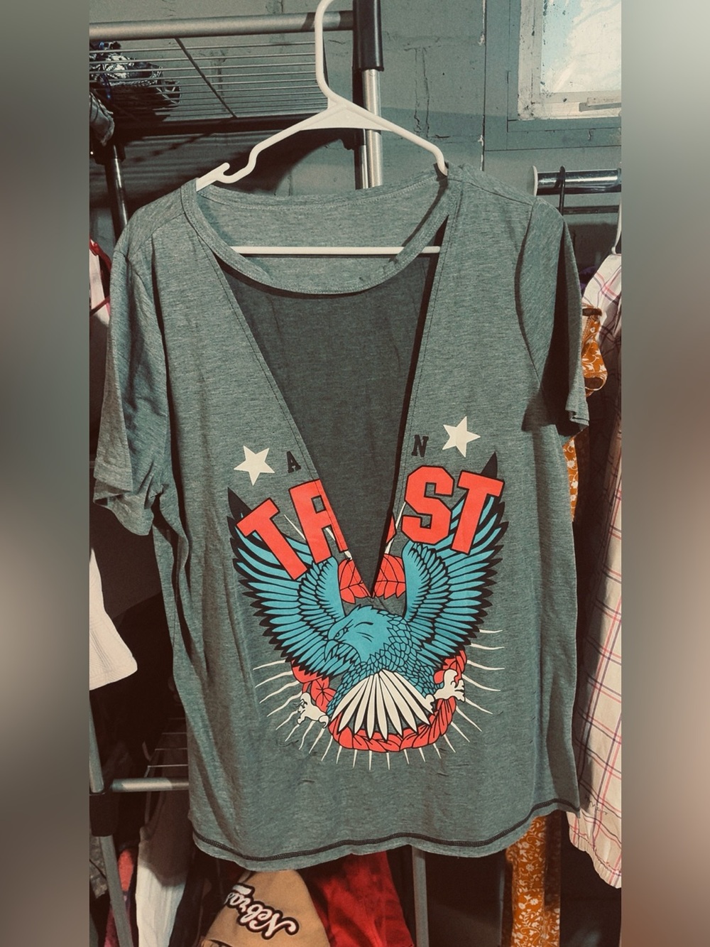 Gray Deep V Short-Sleeve Tee with Blue Eagle Graphic